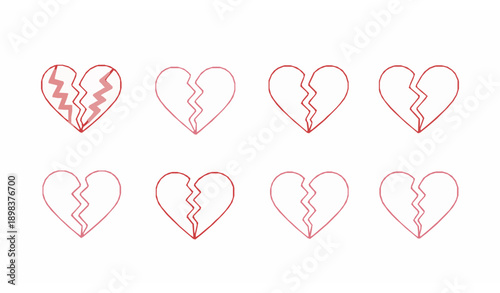 Minimal Broken Heart Line Icons in Pink and Red Outline Vector Style