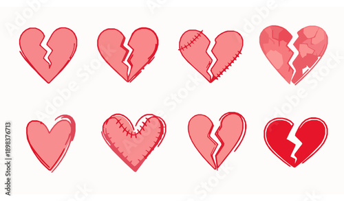 Sketchy Broken Heart Clipart Collection with Pink and Red Hand Drawn Vectors