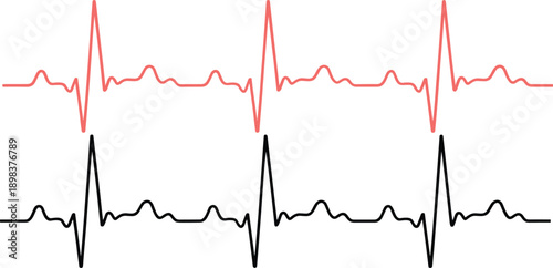 Dual red and black electrocardiogram heartbeat waveforms isolated on white background representing heart rate monitoring, cardiology diagnostics,  healthcare comparison, and vital signs visualization