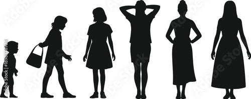 Silhouette of female growing stages, from toddler to adult woman, representing life development, aging, lifestyle changes, fashion, and identity evolution