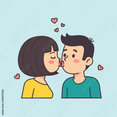 Cute cartoon couple kissing with floating hearts against light blue background