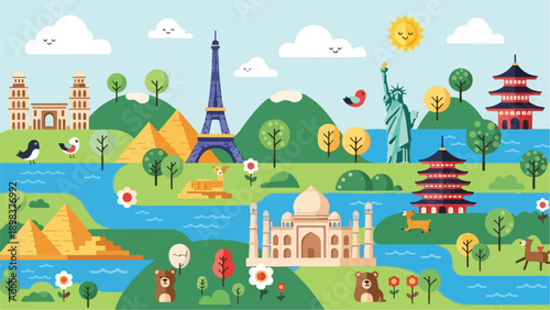 Colorful travel illustration featuring world landmarks and nature elements