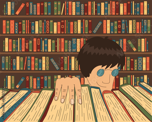 Brown, green and red cartoon outline illustration. A man with glasses picks out book in library