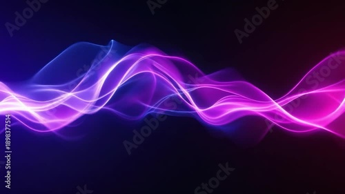An abstract, flowing design of luminous, undulating waves in shades of blue and magenta