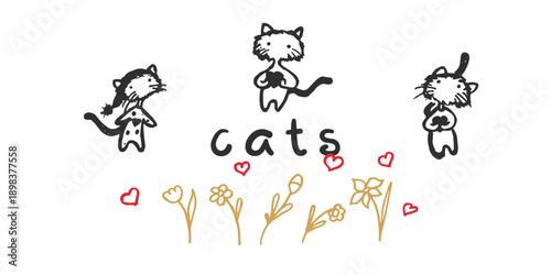 A collection of cute cats, hearts, and flowers in vector.