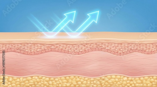 Cross-section illustration of healthy human skin layers with glowing arrows representing UV protection and barrier defense,ideal for skincare and dermatology concepts