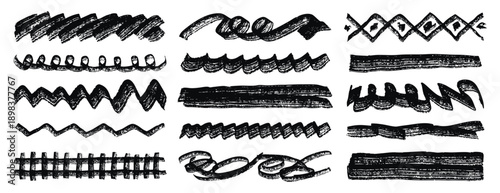 Textured horizontal lines, fragments of ornament underlines, textured grunge set, wavy and zigzag and straight accents.