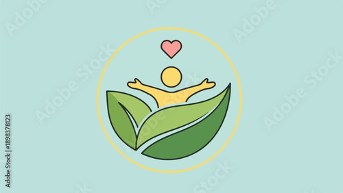 Stylized image of person with outstretched arms, leaves, heart, and circle