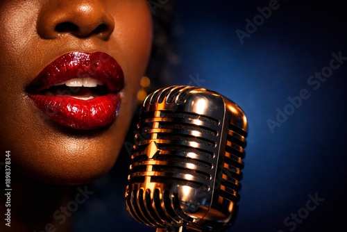 A singer presents jazz music using vintage microphone while engaging the audience at a live performance location during black history month