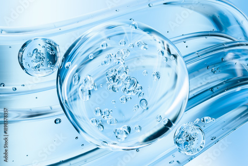 Fotografie Abstract 3d splash of liquid, water drops, molecules with bubbles on blue background