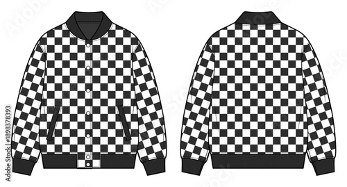 Checkerboard Graphic Bomber Jacket Technical Fashion Illustration. Statement Streetwear Outerwear. Front and Back View. Black and white. CAD Vector Mockup.