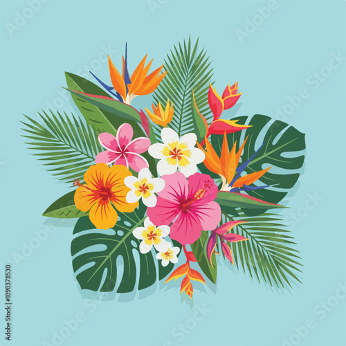 Colorful tropical flowers and leaves arranged on a light blue background