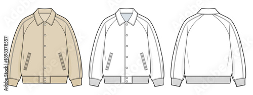 Clean Button-Front Bomber Jacket Technical Fashion Illustration. Modern Essential Streetwear Outerwear. Front and Back View. Beige color. CAD Vector Template. 