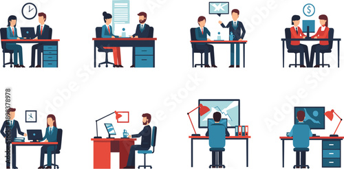 Business Meeting and Office Work Illustration Set with Team Collaboration, Client Discussions, Financial Analysis, Project Planning, and Professional Workplace Scenes