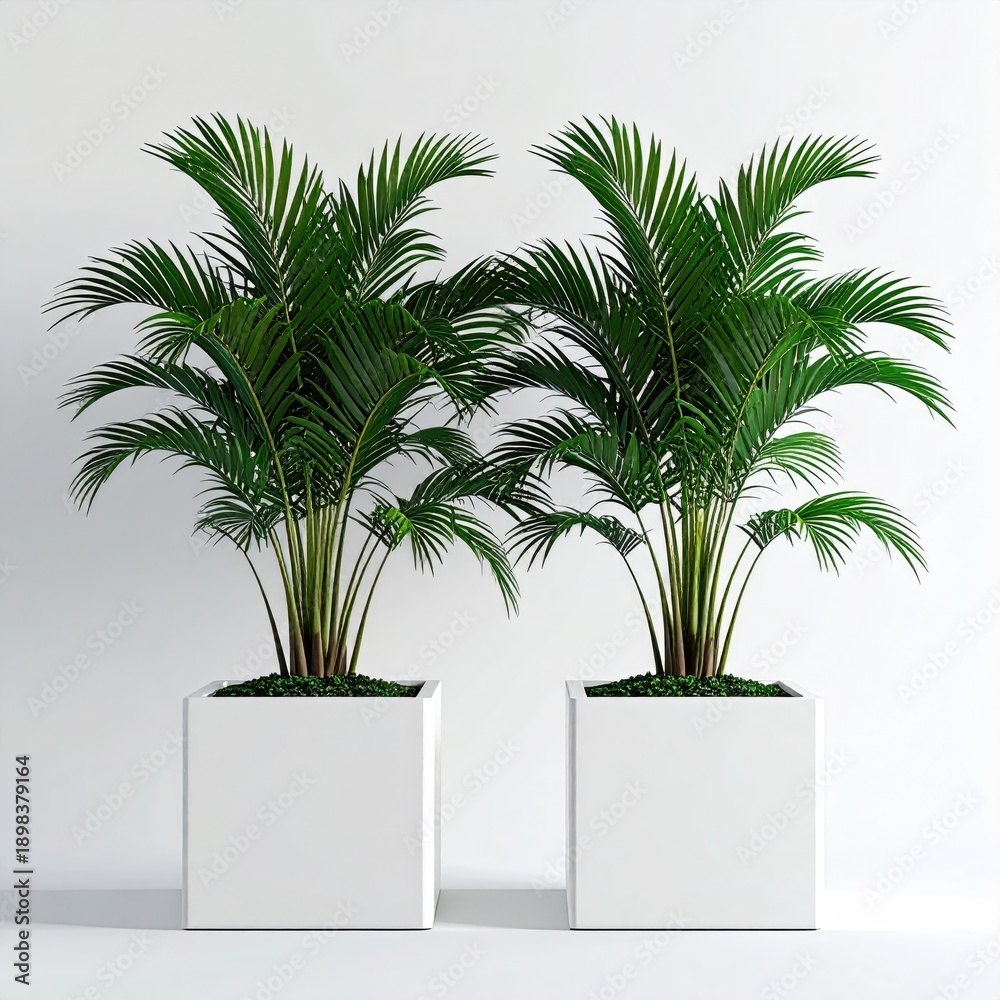 Obraz premium Two green palm plants in white square planters