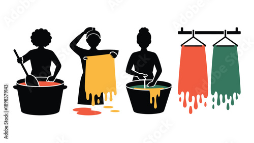 Textile Dyeing Process in Vibrant Colors with Silhouette Figures and Dripping Fabrics for Crafting