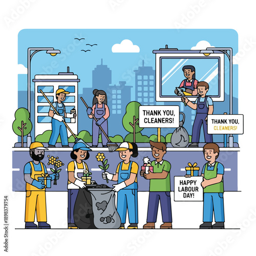 Group of people celebrating and thanking cleaners in a city setting