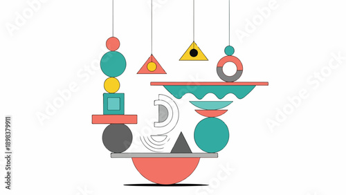 Colorful abstract artwork featuring suspended geometric shapes