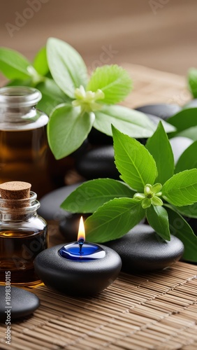 Spa stones are arranged with a lit candle and small glass containers on a wooden surface surrounded by green leaves