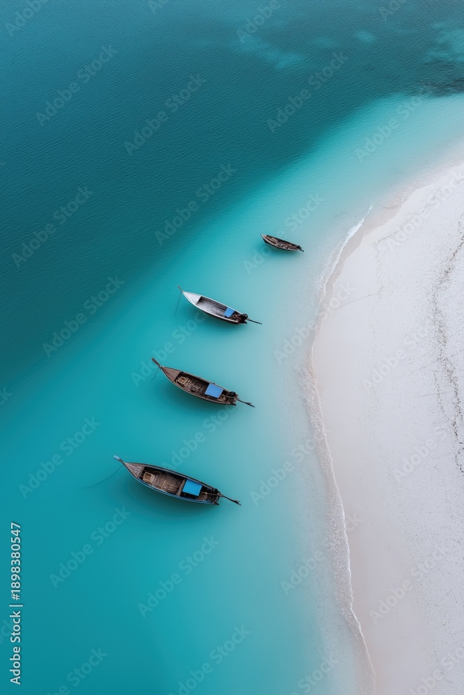 Naklejka premium Aerial view of boats on turquoise waters near white sandy beach