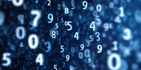 Floating numbers in digital matrix with blue gradient background