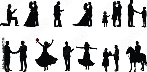 Romantic wedding silhouettes, proposal, bride and groom, family celebration, joyful moments, couple handshake, bouquet toss, horse rider, happiness, love story