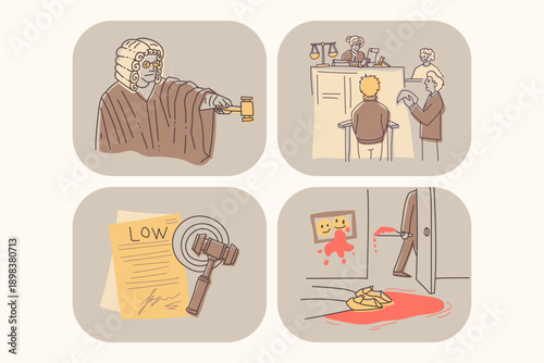 Light brown crime and punishment illustrations set. Judge in courtroom