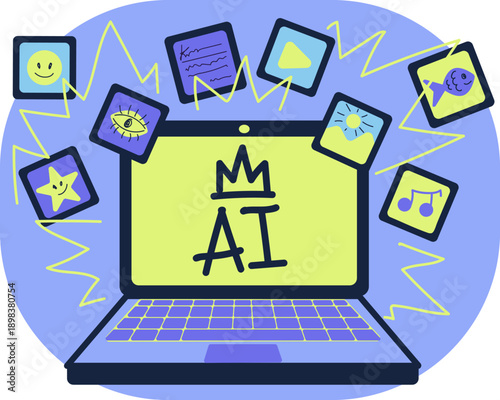 Blue and lemon cartoon outline set illustration. AI creation on laptop text, video, art, music content