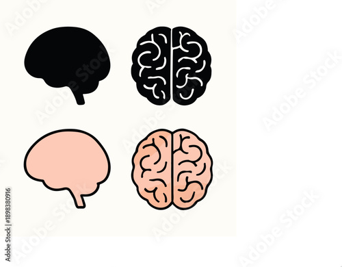 Print Human Brain Icons Set (Silhouette and Outline)