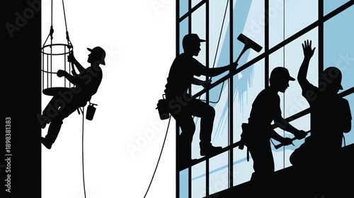 Window cleaners on building facade in silhouette style with blue sky and white clouds in dramatic lighting for construction industry
