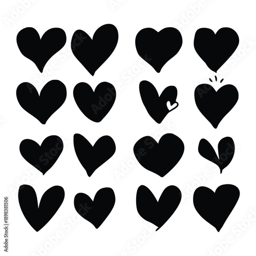 Set of Black Love Heart Icons in Various Styles on white background. 
