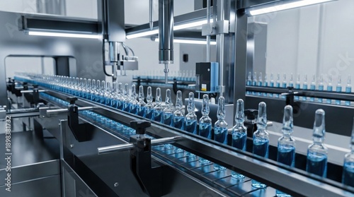 Automated pharmaceutical production line filling glass ampoules with blue liquid,high-tech sterile factory process for medical manufacturing