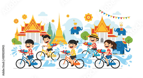 Illustration of children riding bicycles and playing with water guns