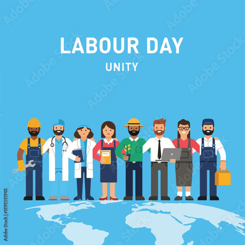 Illustration of diverse professionals standing together on a globe