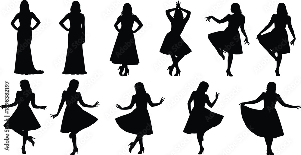 Obraz premium Collection of elegant woman silhouettes in fashion dresses and evening gowns posing in various graceful stances isolated on white background vector illustration