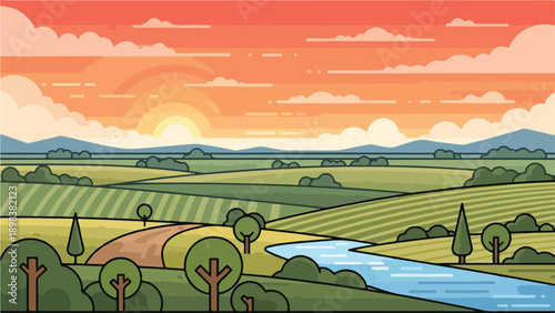 Stylized sunset over a rural landscape, with river, trees, and hills