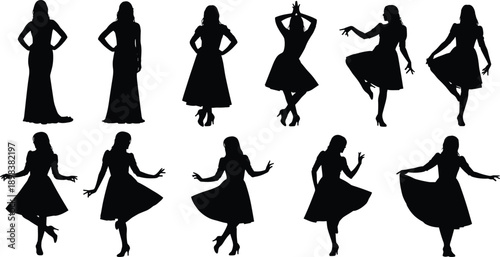 Collection of elegant woman silhouettes in fashion dresses and evening gowns posing in various graceful stances isolated on white background vector illustration