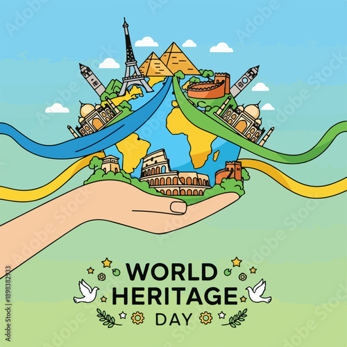 Hand cradles globe with landmarks. Text says "World Heritage Day.