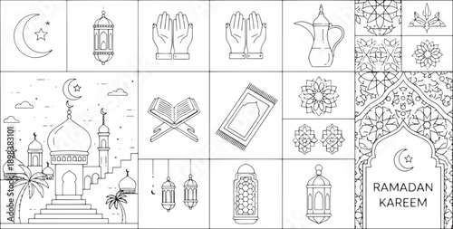 Elegant Line Art Collection Featuring Ramadan Kareem Greetings, Islamic Cultural Symbols, and Traditional Holy Month Elements for Festive Celebrations