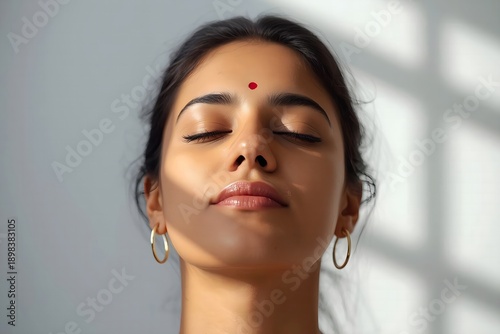 Serene Indian Woman Meditating with Eyes Closed, Bindi Dot, Golden Hoop Earrings, Soft Natural Light and Shadow Play