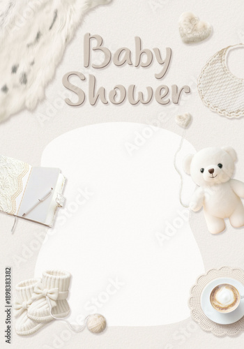 White baby shower invitation template with fur and knitted elements
