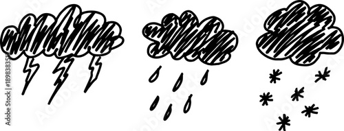 Childish doodle hand-drawn clouds, thunderstorm, rain, and snow. Naive style childish vector elements isolated on white background. Drawn with crooked black grunge lines