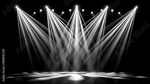 Seamless loop of moving white stage spotlights on black background. Minimal concert lighting animation