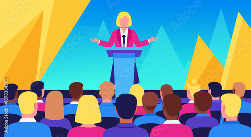 An illustration of a woman giving a speech from a podium in front of an audience, vector