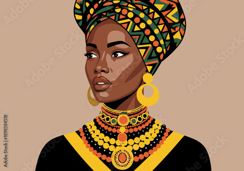 Beautiful African woman wearing a vibrant headscarf and jewelry, a detailed vector illustration portrait
