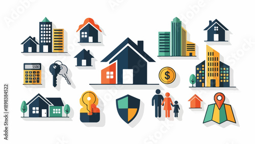 Icons of buildings, keys, calculator, family, map, coins, and shields