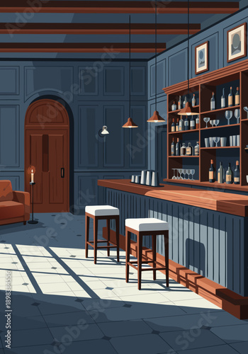 Vector illustration of a bar interior with stools and ambient lighting, perfect for hospitality and leisure themes