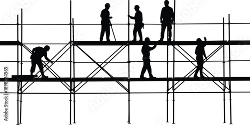 Silhouette of construction workers on scaffolding, safety helmets, teamwork, industrial building site, elevated work platform, construction labor, safety equipment, industrial teamwork.