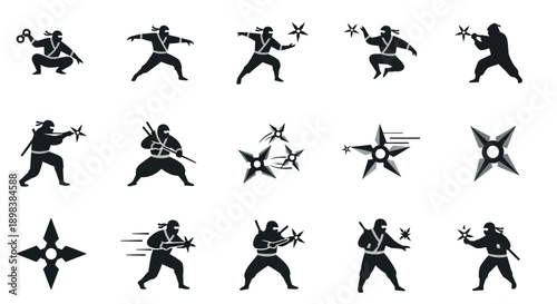 Ninja Silhouettes Fighting with Various Weapons.