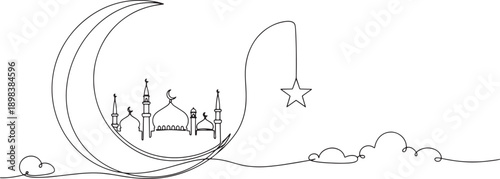 Minimalist continuous line art drawing of a crescent moon, mosque, and hanging star, perfect for Islamic cultural holiday greetings and spiritual festival banners